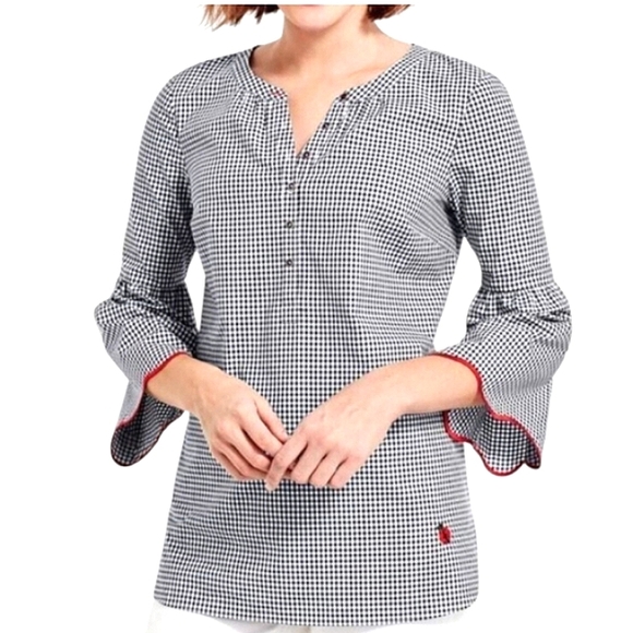 Talbots Oprah Collection Embroidered Popover Top Black White Gingham Bell Sleeve - Picture 1 of 14